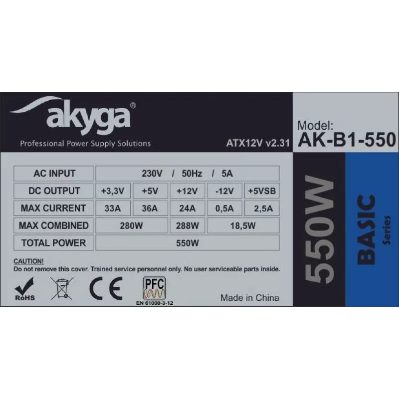 Akyga Basic AK-B1-550 ATX-virtalähde 550 W, 120 mm tuuletin, passiivinen PFC, harmaa