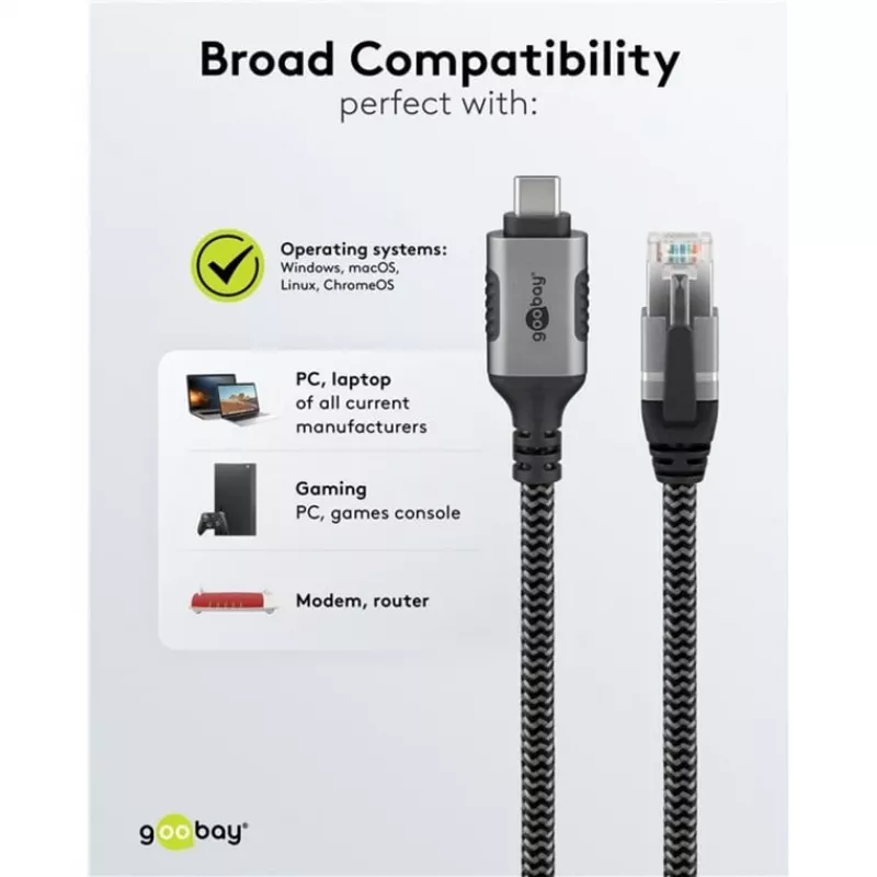Goobay 70752 USB-C 3.1 – RJ45 Ethernet-kaapeli, Cat6 F/UTP, 5 m, musta/hopea