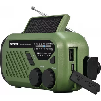 Kannettava UKW/MW-radio SENCOR SRD1000SCLGR Bluetoothilla, aurinko-/kampikäyttöinen/USB-C-lataus, 2000 mAh akku, IPX4, LED-valot