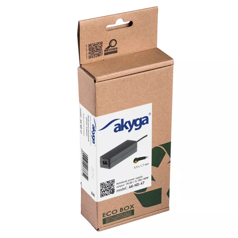 Akyga AK-ND-47 kannettavan tietokoneen virtalähde Acerille, 40 W, 19 V / 2,15 A, 5,5 x 1,7 mm