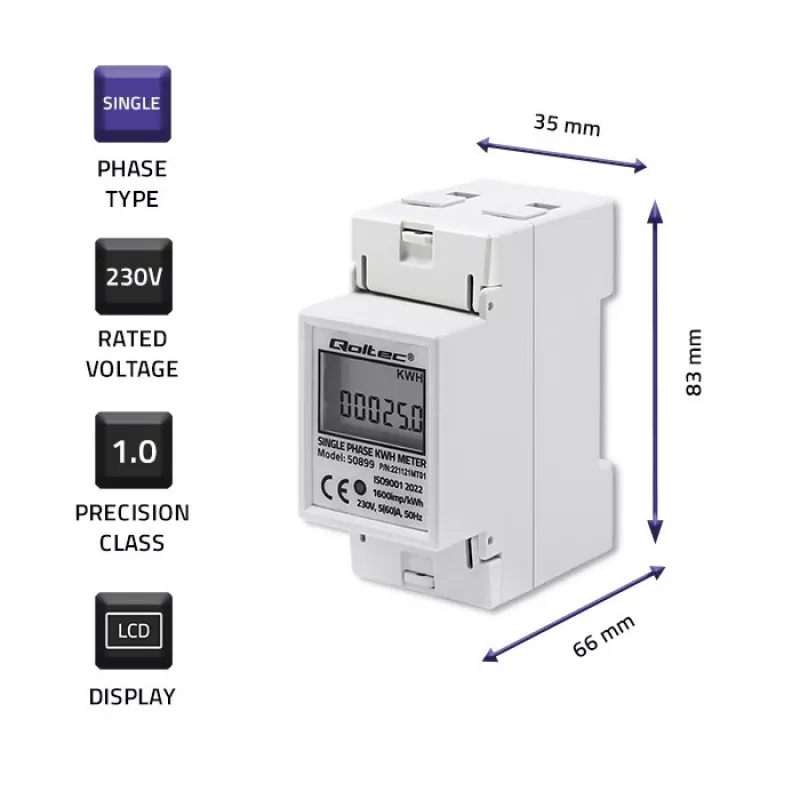 Yksivaiheinen energiankulutusmittari QOLTEC 50899 230 V 50 Hz, 5(60)A, luokka 1.0, LCD