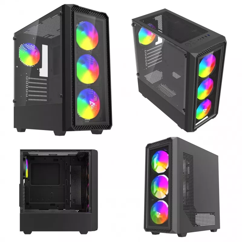 Savio Noctis Glass RGB Cube tietokonekotelo, ATX/Micro-ATX/Mini-ITX, karkaistua lasia oleva etuosa, RGB-tuulettimet, musta