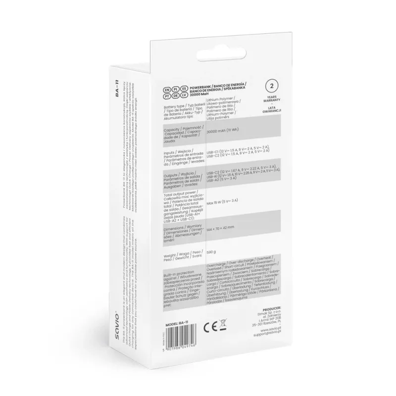SAVIO BA-10 varavirtalähde 30000 mAh (111 Wh), Li-ion, 2x USB-C, 2x USB-A, Quick Charge, Power Delivery