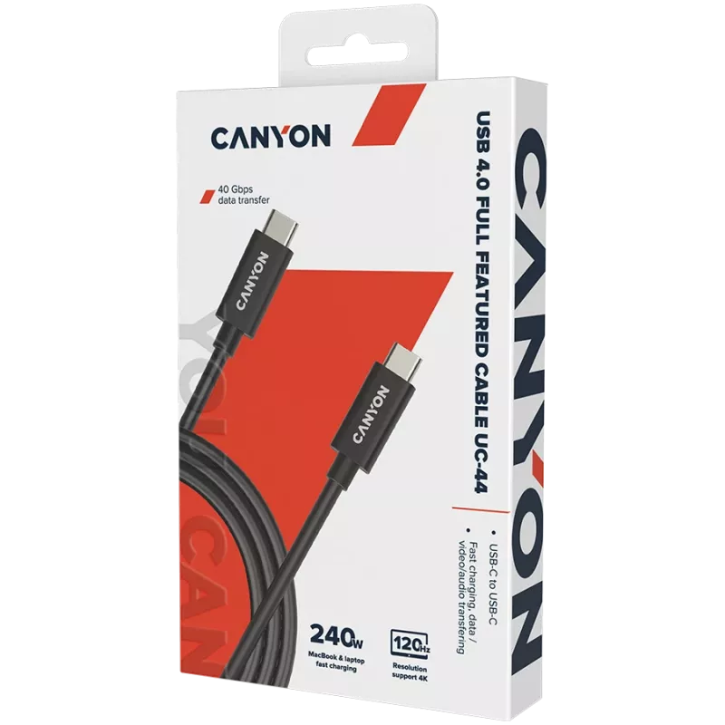 CANYON UC-44, kaapeli, U4-CC-5A1M-E, USB4 Type-C - Type-C -kaapeli 40G 1 m 5A 240W (ERP) E-MARK, CE, ROHS, musta