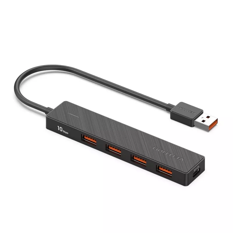 USB 3.2 Gen 2 5-in-1-moniporttikeskitin Vention CHOBB — 5 porttia (4× USB 3.2 Gen 2 Type-A, 1× USB 3.2 Gen 1 Type-A), 0,15 m, ABS, musta