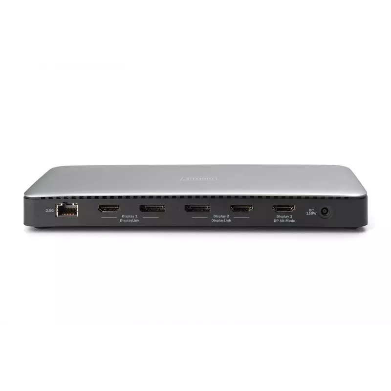 Digitus DA-70918 USB-C-telakointiasema, 13 porttia, 3x HDMI, 2x DP, 4x USB-A, 1x USB-C, RJ-45 1GbE, SD, ääni, 150 W