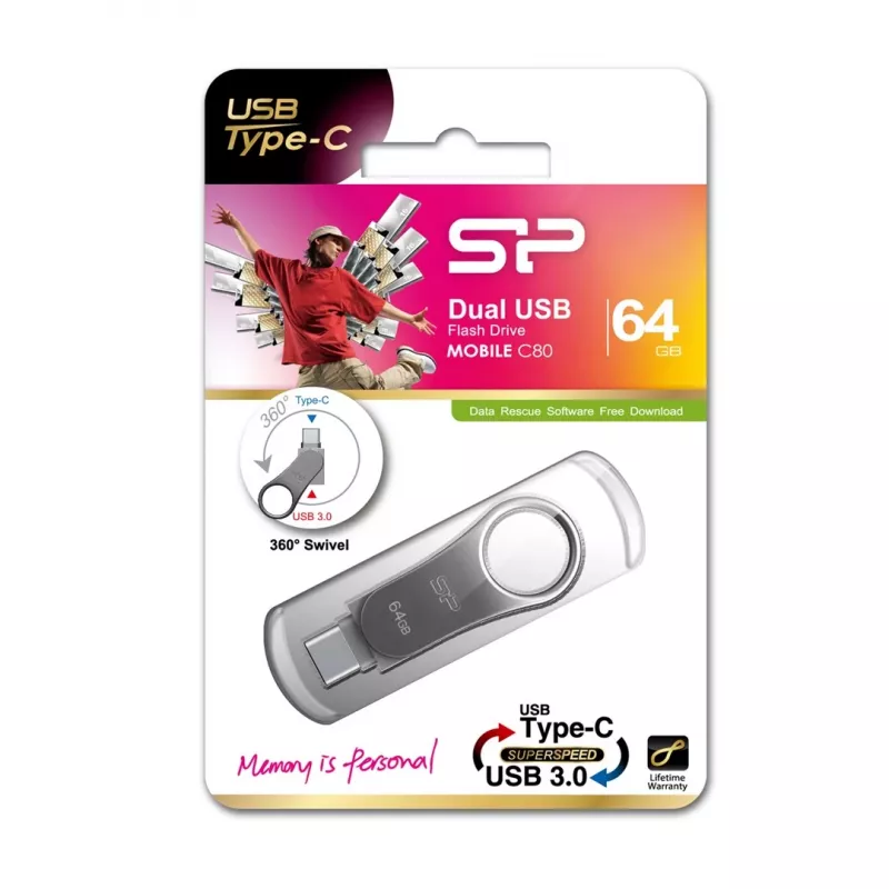 Silicon Power Mobile C80 USB-muistitikku 64 GB USB Type-A / USB Type-C 3.0 (3.1 Gen 1) Titanium
