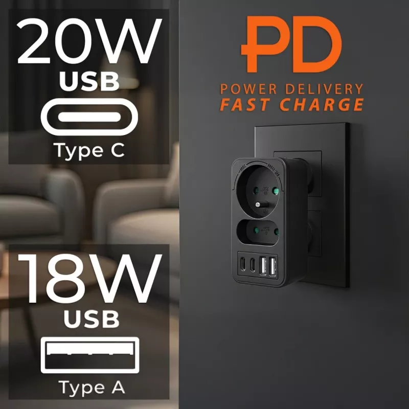 Virranjakaja MACLEAN MCE249 F/B – 2 AC-pistorasiaa (16A + 6A) ja 2×USB-A ja 2×USB-C PD 20W, EU-pistoke, musta