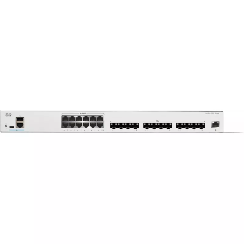 Cisco Catalyst C1300-24XTS hallittava L2/L3-kytkin, 24 porttia (12x 10GE RJ-45 + 12x 10GE SFP+), 480 Gbit/s, RJ-45/USB-C-konsoli, 16 000 MAC-taulu, telineasennus