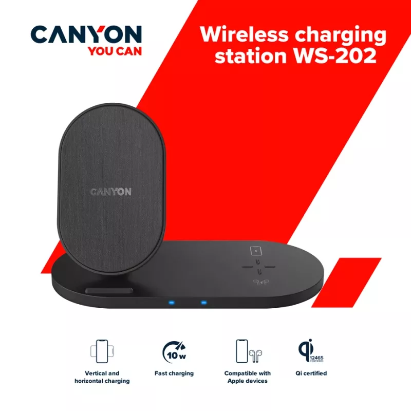 Laturi langaton telakointiasema 2in1 QI 10W/USB-C/LED musta