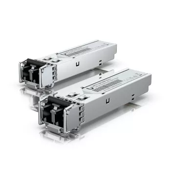 Ubiquiti SFP lähetin-vastaanotin, joka tukee multimuotokuidun käyttöä duplex-LC-UPC-liittimellä. (UACC-OM-MM-1G-D)