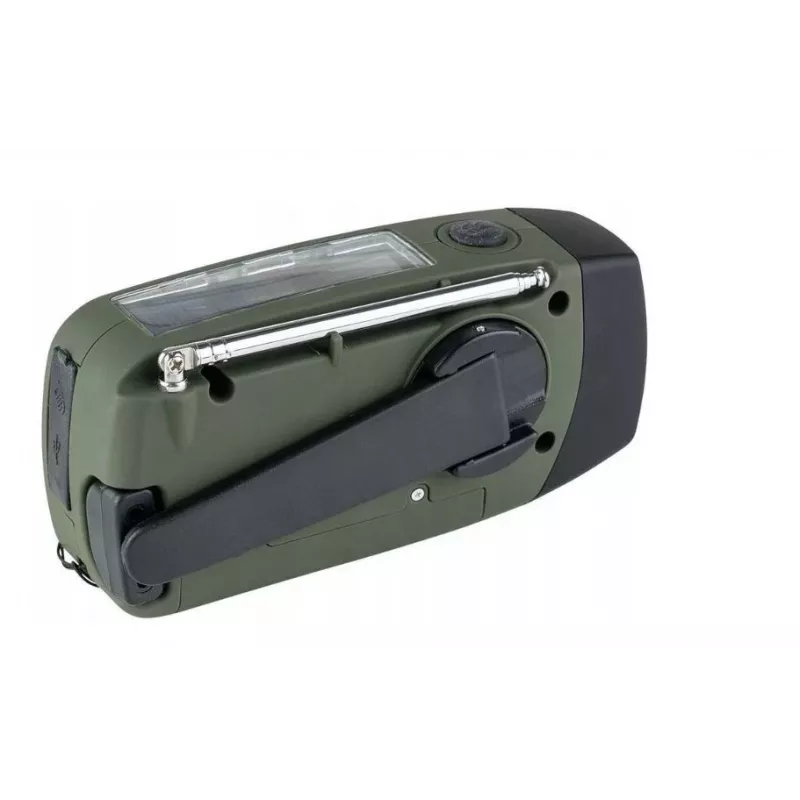 Hätäradio FOSCO 464600 LED-taskulampulla, varavirtalähteellä, FM, IPX3, aurinko-/käsikampi-/USB-C-lataus — vihreä/musta