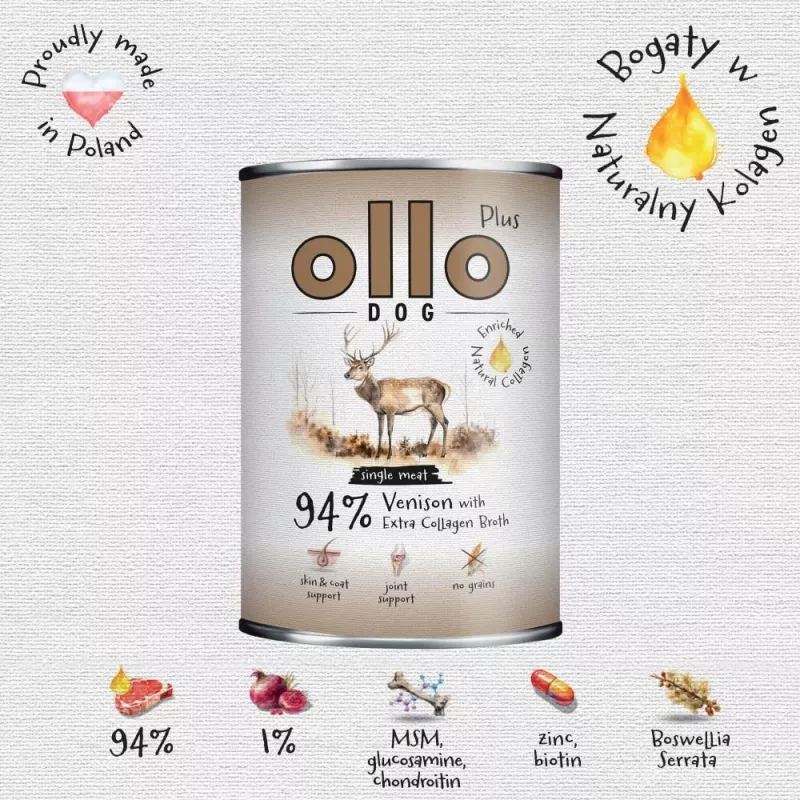 Ollo Plus kollageeni hirvi 400 g koiranruokapurkki