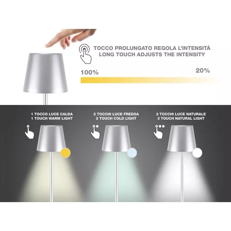 Beper P201UTP117 ladattava LED-pöytävalaisin, 1,5 W, kosketuskytkin, himmennettävä, 33 mm pullosovitin, vedenkestävä, hopea