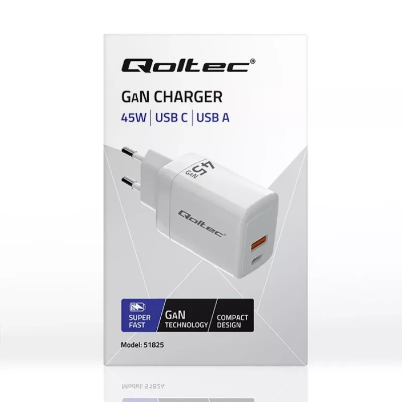 GaN 45W laturi 5V 20V 1,5A 3A, 1x USB-C PD, 1x USB-A