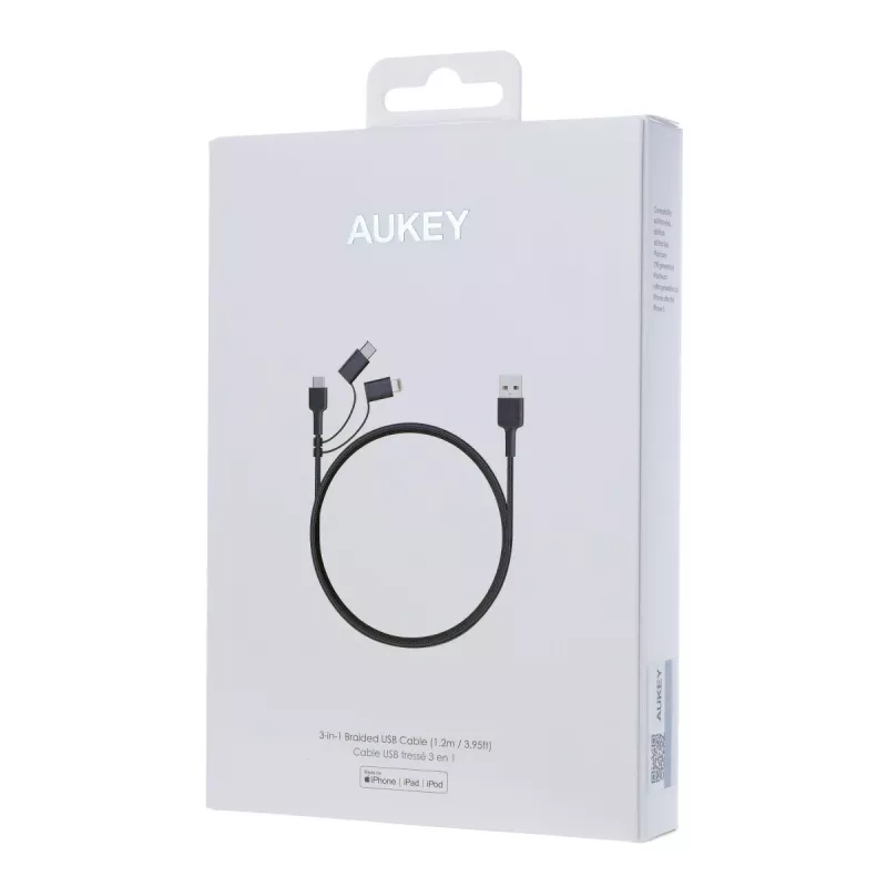 AUKEY CB-BAL5 3-in-1 punottu kaapeli, Micro USB / USB-C / Lightning, 1,2 m, musta
