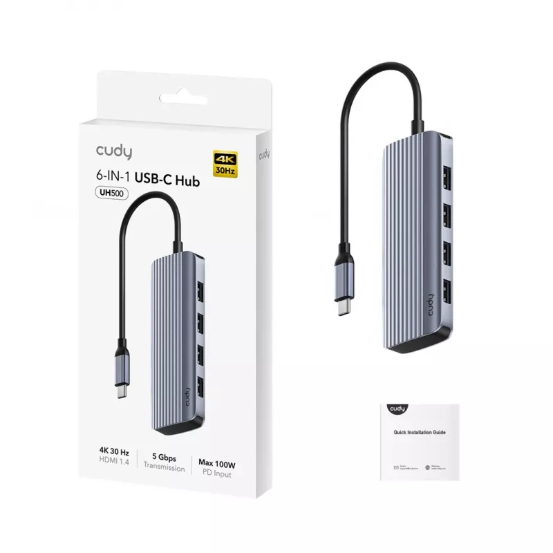 USB-C-keskitin Cudy UH500 — USB 3.2 Gen 1 Type-C-isäntä, 6 liitäntää USB 3.2 Gen 1 Type-A ja HDMI, 5000 Mbit/s, harmaa/hopea