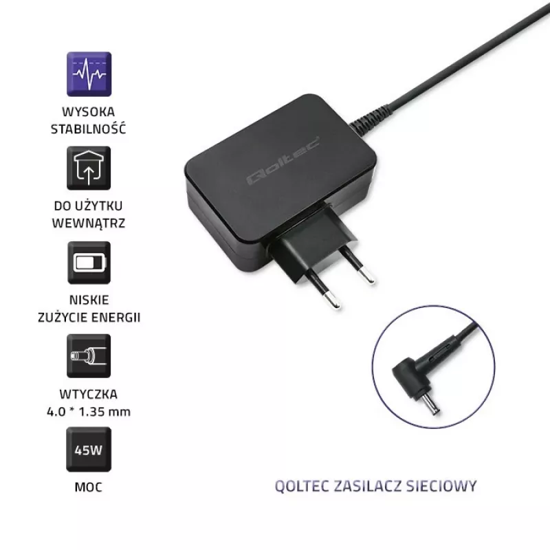Virtalähde QOLTEC 45W 19V kannettaville laitteille — varavirtalähde 45 W 19 V