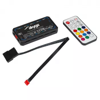 Akyga AK-CA-73 RGB-tuuletinsäädin kaukosäätimellä, 12 liitäntää (10 tuuletinta + 2 LED-nauhaa), Molex-virransyöttö