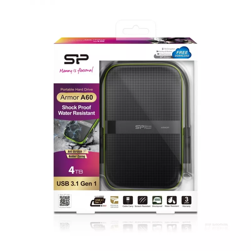 SILICON POWER Armor A60 - kiintolevy - 4TB - ulkoinen (kannettava) - 2.5 (6,4 cm) - USB3.0 - musta (SP040TBPHDA60S3K)