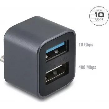 DELOCK Mini USB -keskitin USB Type-C-uros 1x USB 10 Gbps Type-A ja 1x USB 2.0 Type-A (malli 64359)