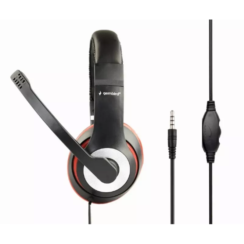 Langallinen pelikuulokemikrofoni GEMBIRD MHS-03-BKRD — binaural, korvan peittävä, 3,5 mm, 1,8 m kaapeli, punainen/musta