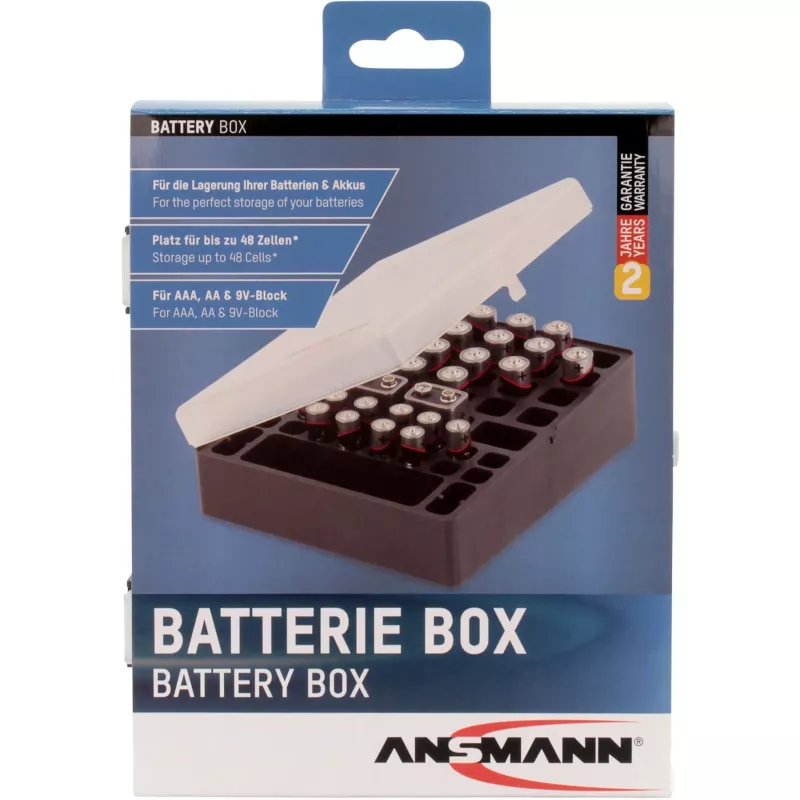 Ansmann Battery Box 48 paristokotelo 24x AA-, 16x AAA- ja 4x 9V-paristoille, musta/läpinäkyvä
