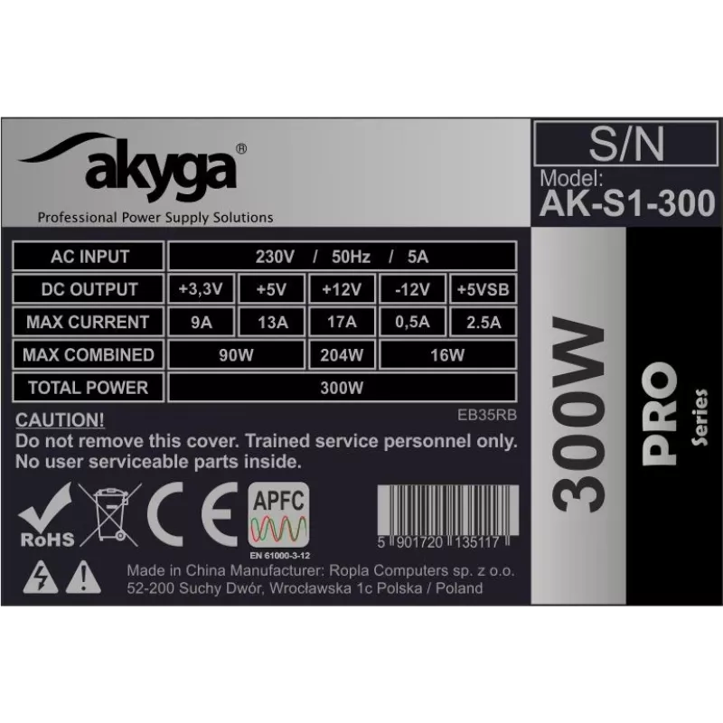 Akyga AK-S1-300 300 W SFX-virtalähde, passiivinen PFC, 80 mm:n tuuletin, musta