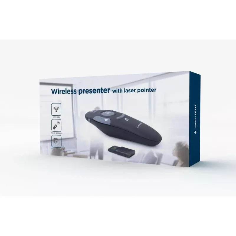 GEMBIRD langaton IR-esityskaukosäädin WP-L-11, 4 painiketta, 2,4 GHz RF USB-vastaanotin, musta, AAA-paristo