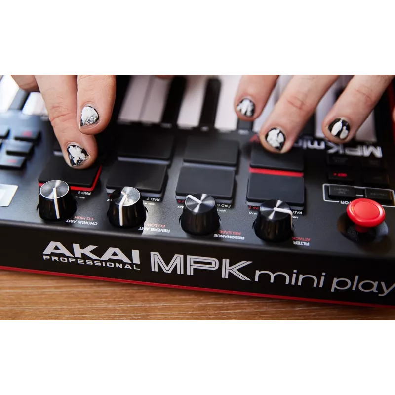 Akai MPK Mini Play MK3 MIDI-ohjainkosketin padiohjaimella, USB, musta/punainen