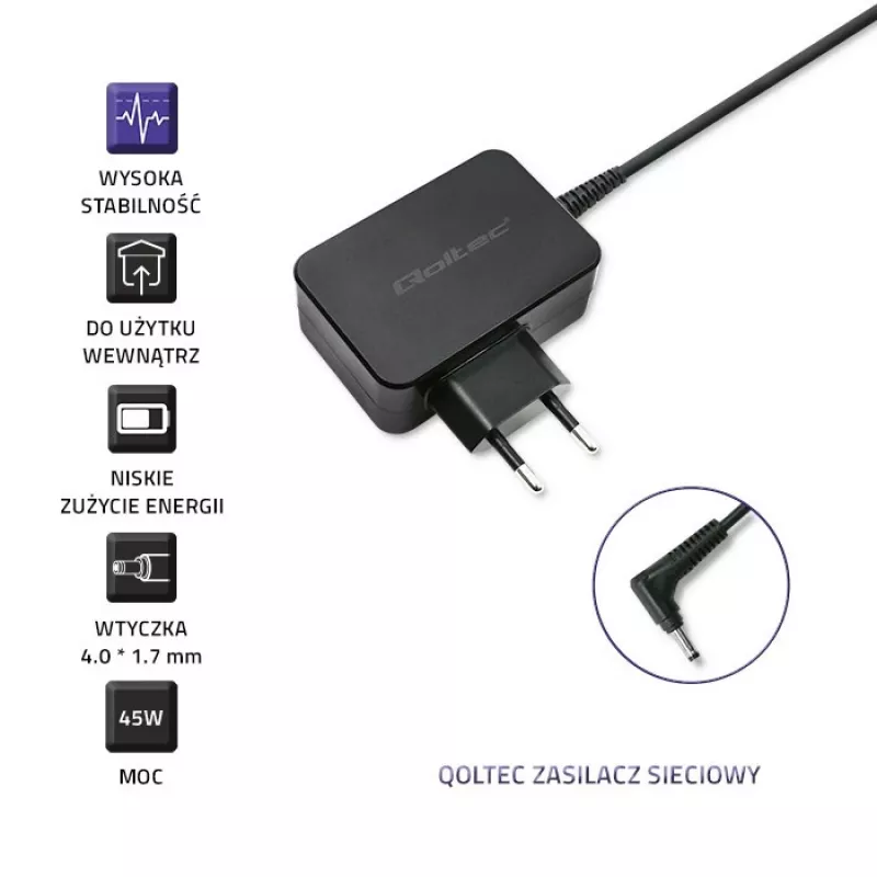 Virtalähde QOLTEC 45W 20V 2,25A kannettaville laitteille, malli 52393