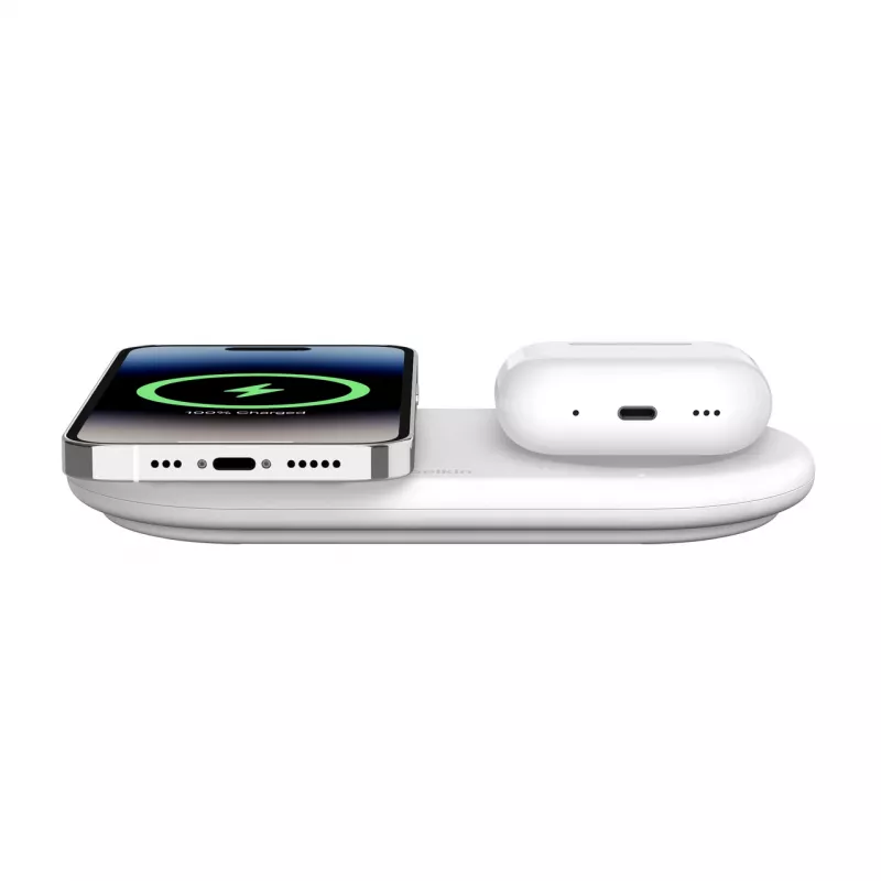 Belkin WIZ021VFWH - 2-in-1 langaton latausalusta Qi2-teknologialla 15 W, valkoinen