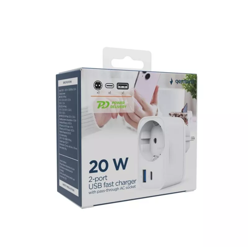 LATURI USB UNIVERSAL 20W WHT/2P AC TA-ACPDQC20-01-W GEMBIRD