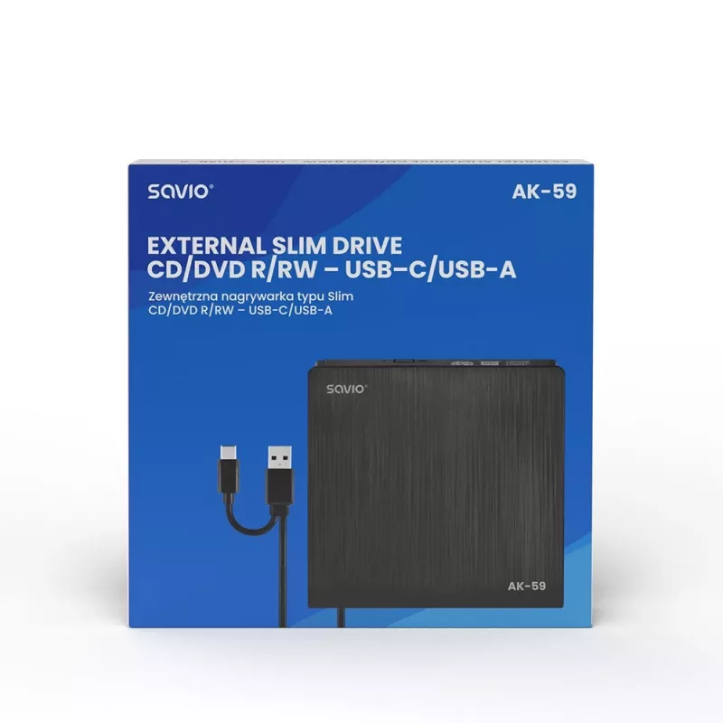 SAVIO AK-59 ulkoinen ohut CD/DVD-poltin R/RW - USB-C/USB-A, musta