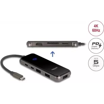 Telakointiasema DELOCK USB Type-C 4K HDMI-keskitin SD-/microSD-paikka PD 3.0 85W (92001)