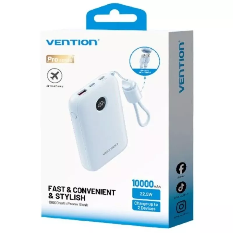 Powerbank Vention 10000mAh 22,5W — 2× USB-C, 1× USB-A, sininen