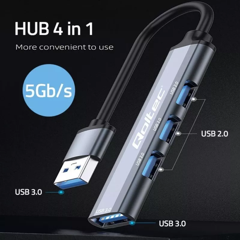 USB-keskitin QOLTEC 53793 — USB 3.0 tulo, 3× USB 2.0 liitäntää