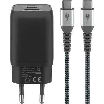 USB-C-pikalaturi Nano, PD, GaN, 65 wattia, USB-C punottu kaapeli (musta, 1x USB-A, 2x USB-C PD, Quick Charge 3.0, 1 metrin kaapeli)