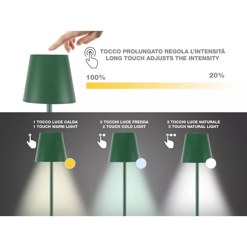 Beper P201UTP115 ladattava LED-pöytävalaisin, 1,5 W, kosketuskytkin, himmennettävä, 33 mm pullosovitin, vettä kestävä, vihreä
