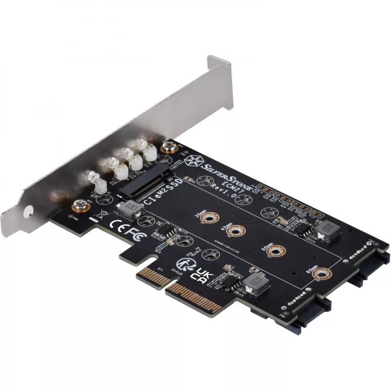 Silverstone SST-ECM27 M.2/SATA-sovitinkortti, PCIe 4.0, 1x M-Key, 2x SATA 6G - Low Profile