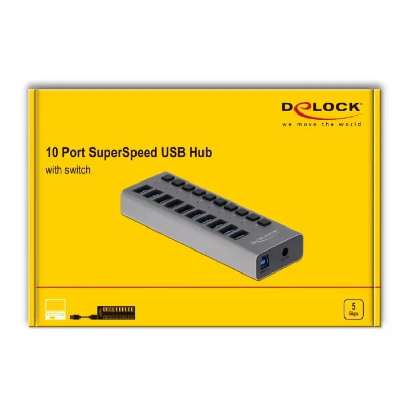 DeLOCK ulkoinen 5 Gbps USB-keskitin 10 portilla + kytkimellä