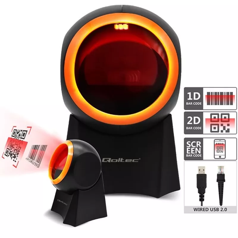 Qoltec 50857 langallinen pöytäviivakoodinlukija, 1D/2D, QR, USB, 1,75 m johto