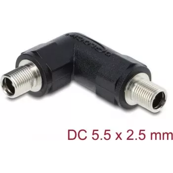 DC-onttopistokeadapteri DELOCK 5,5 x 2,5 mm liitäntä-liitäntä kierdehylsyllä, 90° kulma, musta