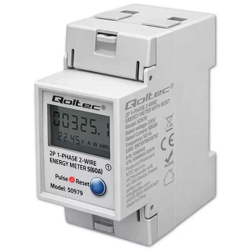 Energiamittari QOLTEC yksivaiheinen DIN-kisko 230V (MPN 50979)