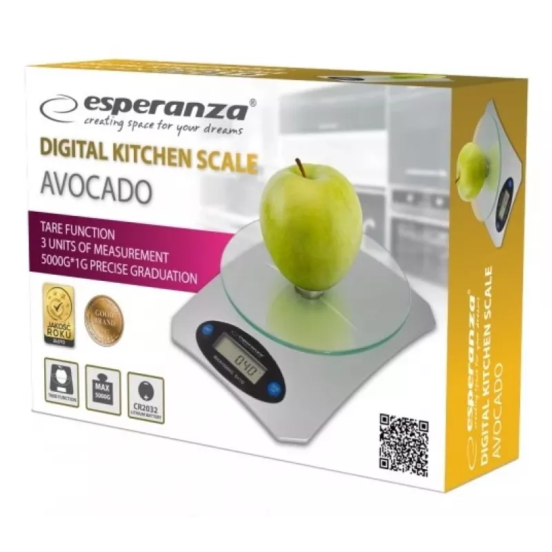 Elektroninen keittiövaaka ESPERANZA Avocado harmaa — 5 kg kapasiteetti, bambualusta, yksiköt g/lb/oz