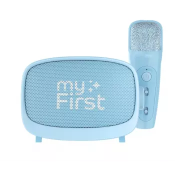 Kannettava lasten kaiutin myFirst Voice 2 myFirst — sininen, paristokäyttöinen langaton kaiutin mikrofonituella