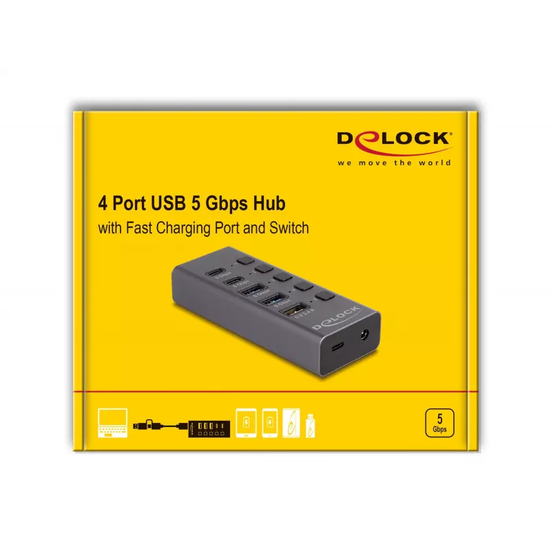 USB-keskitin Delock 64248 5 Gbit/s 2 x Type-A 2 x Type-C 1 pikalatausportti