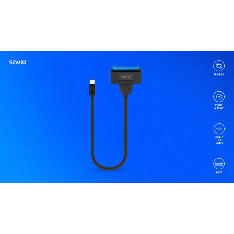 SAVIO SATA–USB-C-liitäntäkaapeli AK-69, SATA-pistorasia USB-C-pistokkeeseen, USB 3.2 Gen 1 (5 Gbit/s), 0,25 m, musta