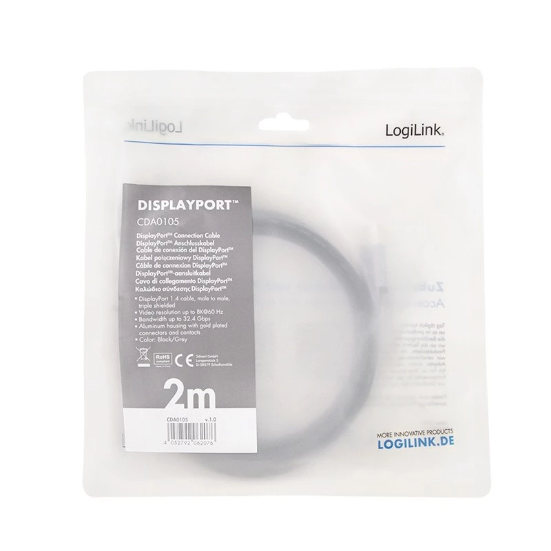 DisplayPort-kaapeli LogiLink CDA0105 2 m musta harmaa