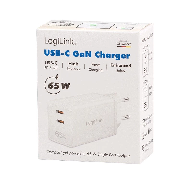 Kaksois-USB-pistorasiasovitin 65W, 2xUSB-C, valkoinen